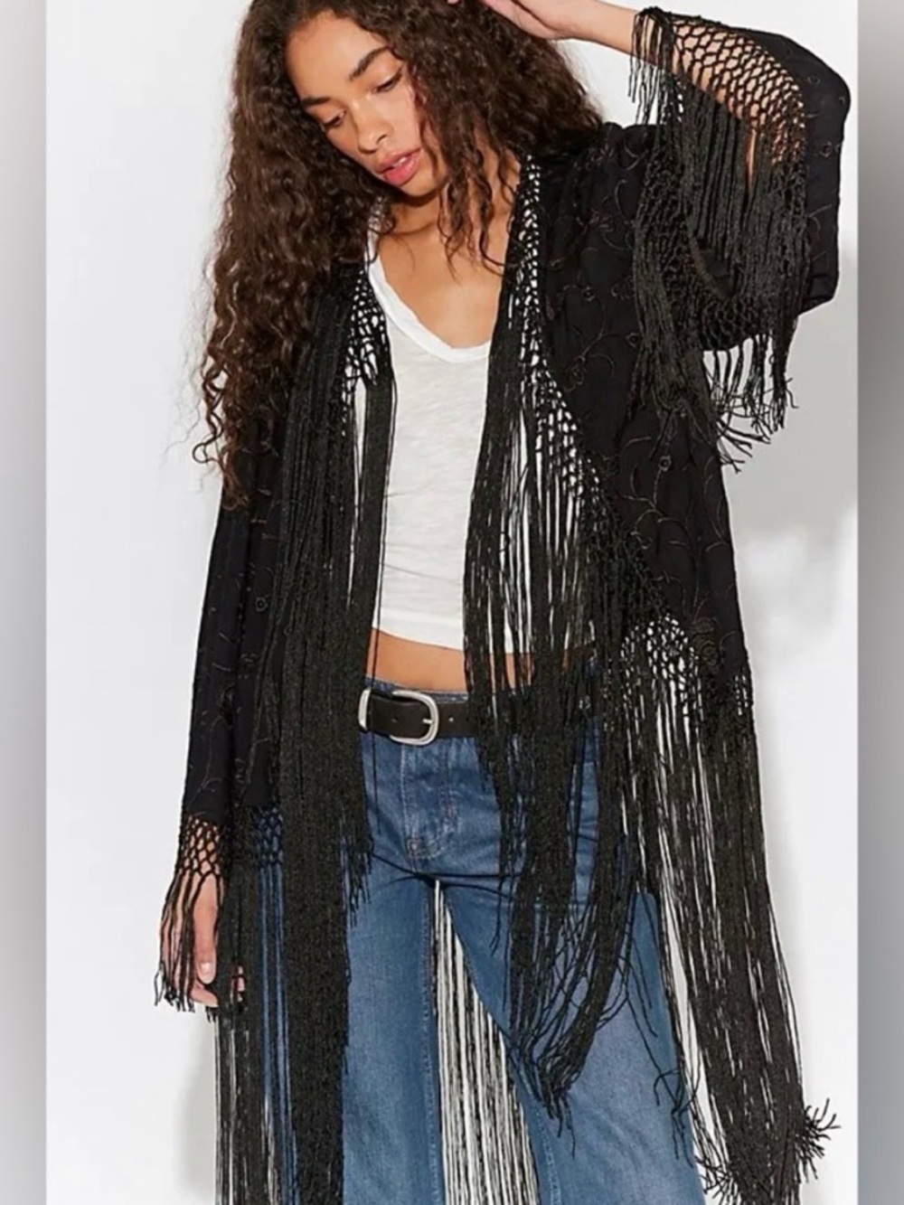 Free People Embroidered London Nights Piano Duster in Black One Size NWT
